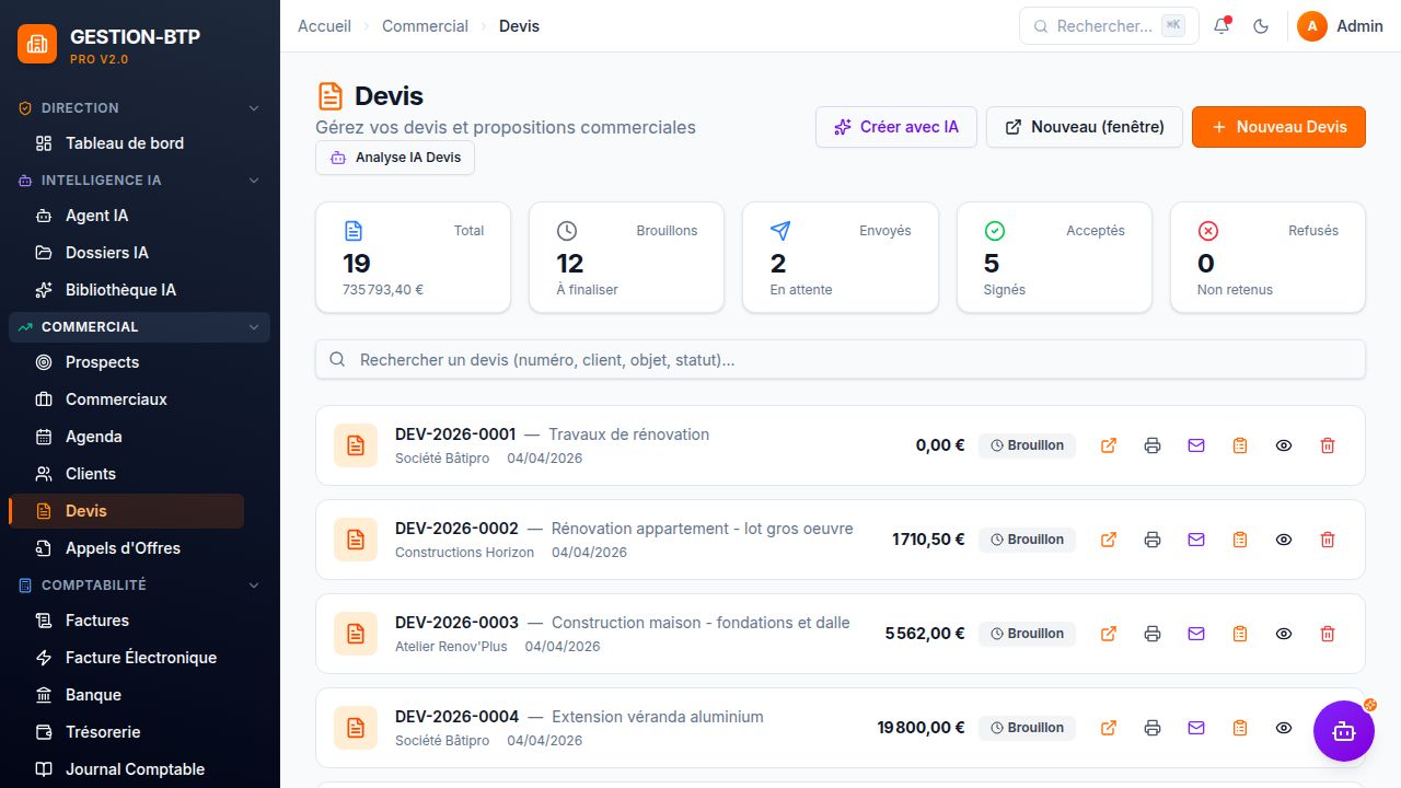 Écran de GESTION-BTP Pro pour le parcours « Créer un devis professionnel »