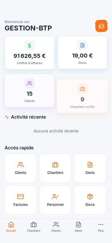 Écran d'accueil de l'application mobile : indicateurs de chantier et raccourcis de pointage.